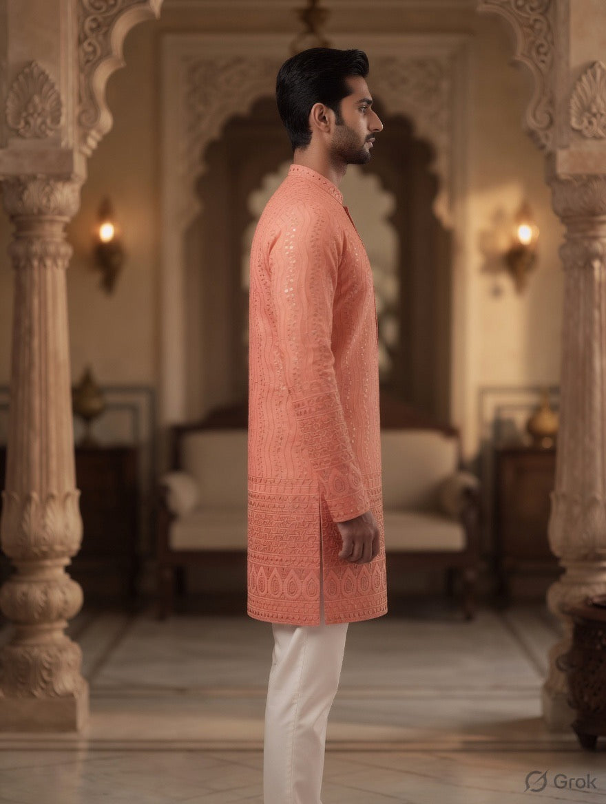 Royal Heritage Embroidered Peach Short Kurta