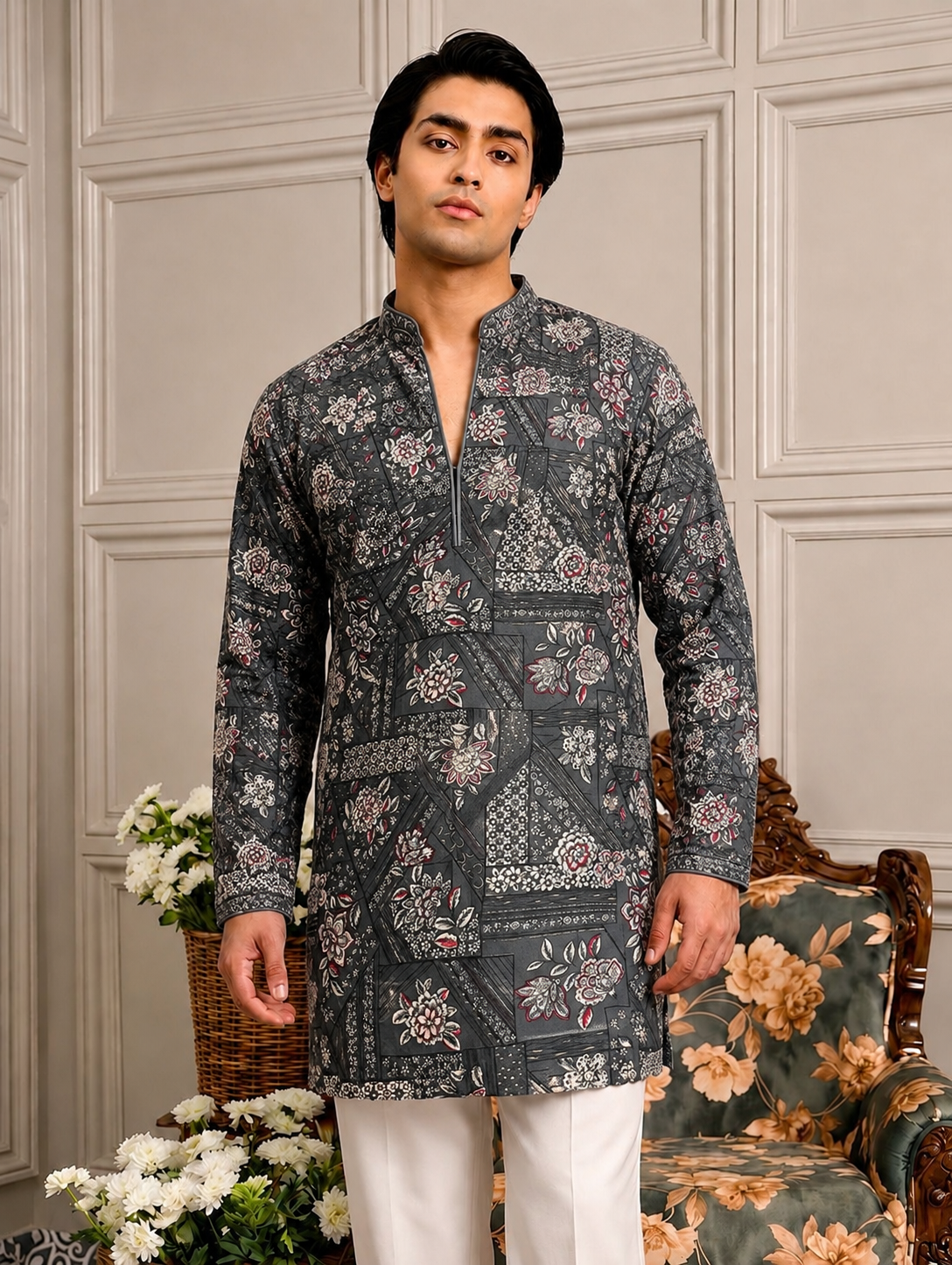Green Patchwork Floral V-Neck Short Kurta