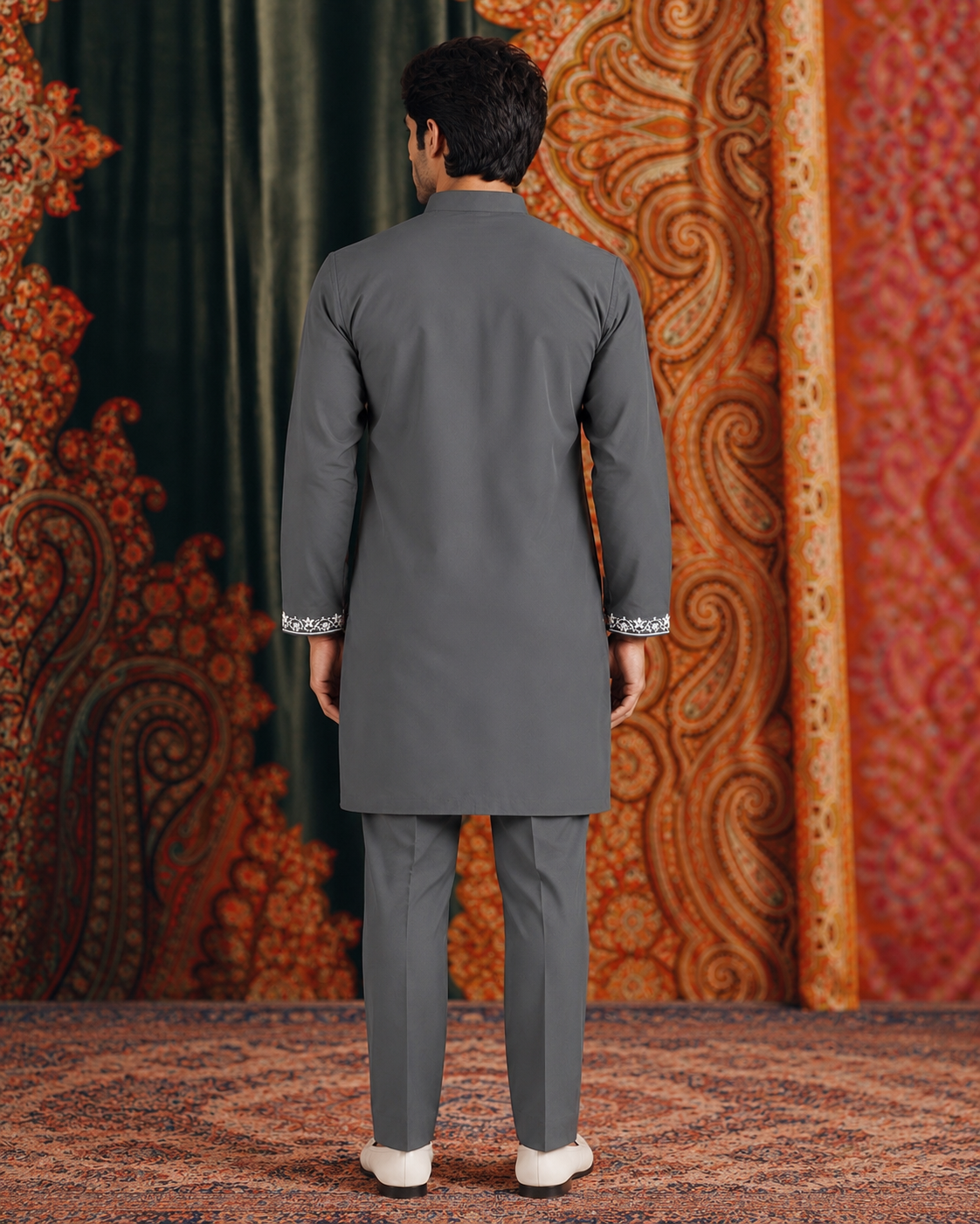 Gray Signature Embroidered Short Kurta