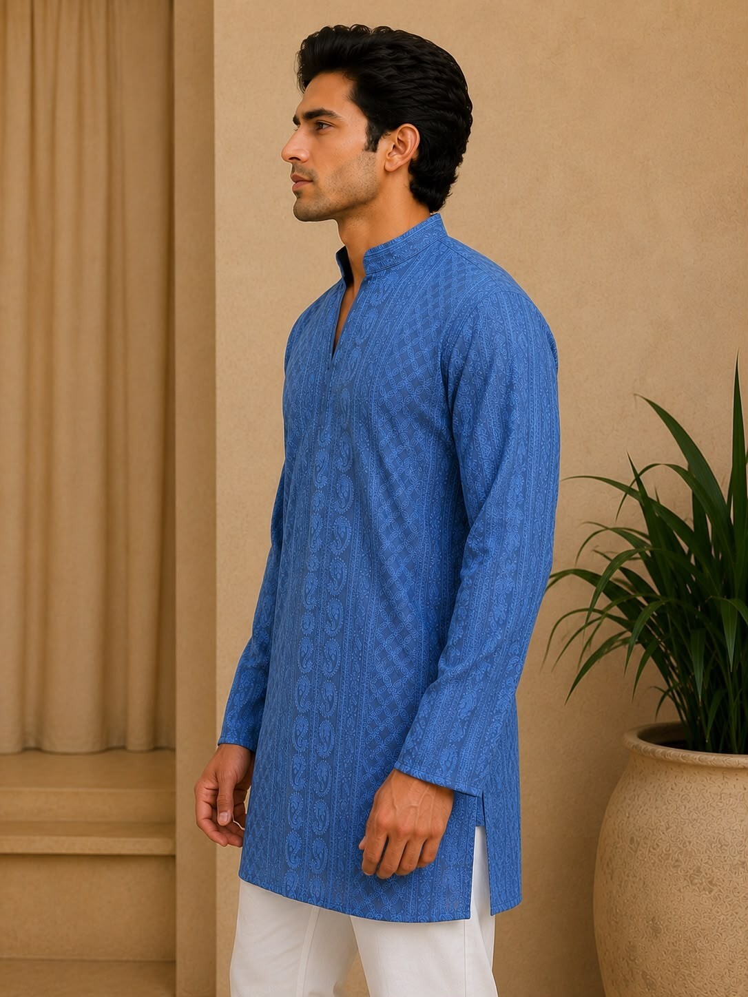 Grey Chikankari Textured V-Neck Short Kurta
