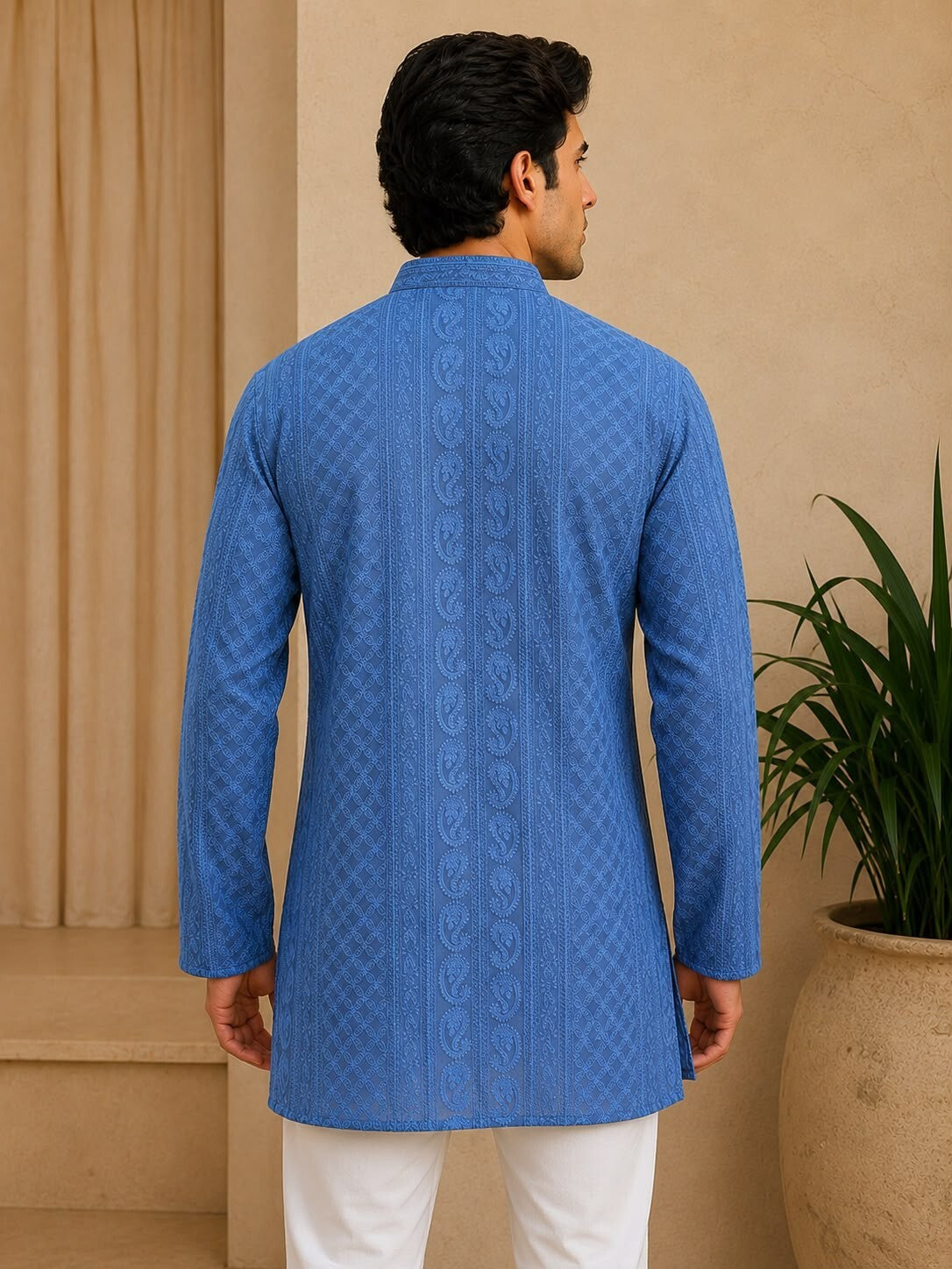 Grey Chikankari Textured V-Neck Short Kurta