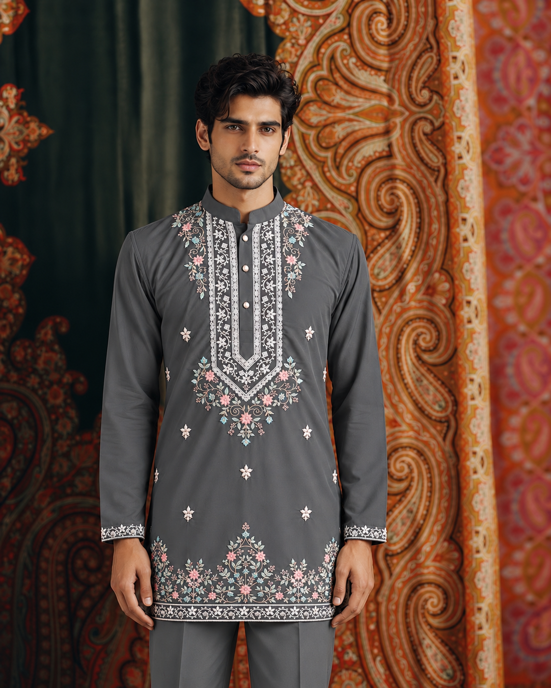 Gray Signature Embroidered Short Kurta