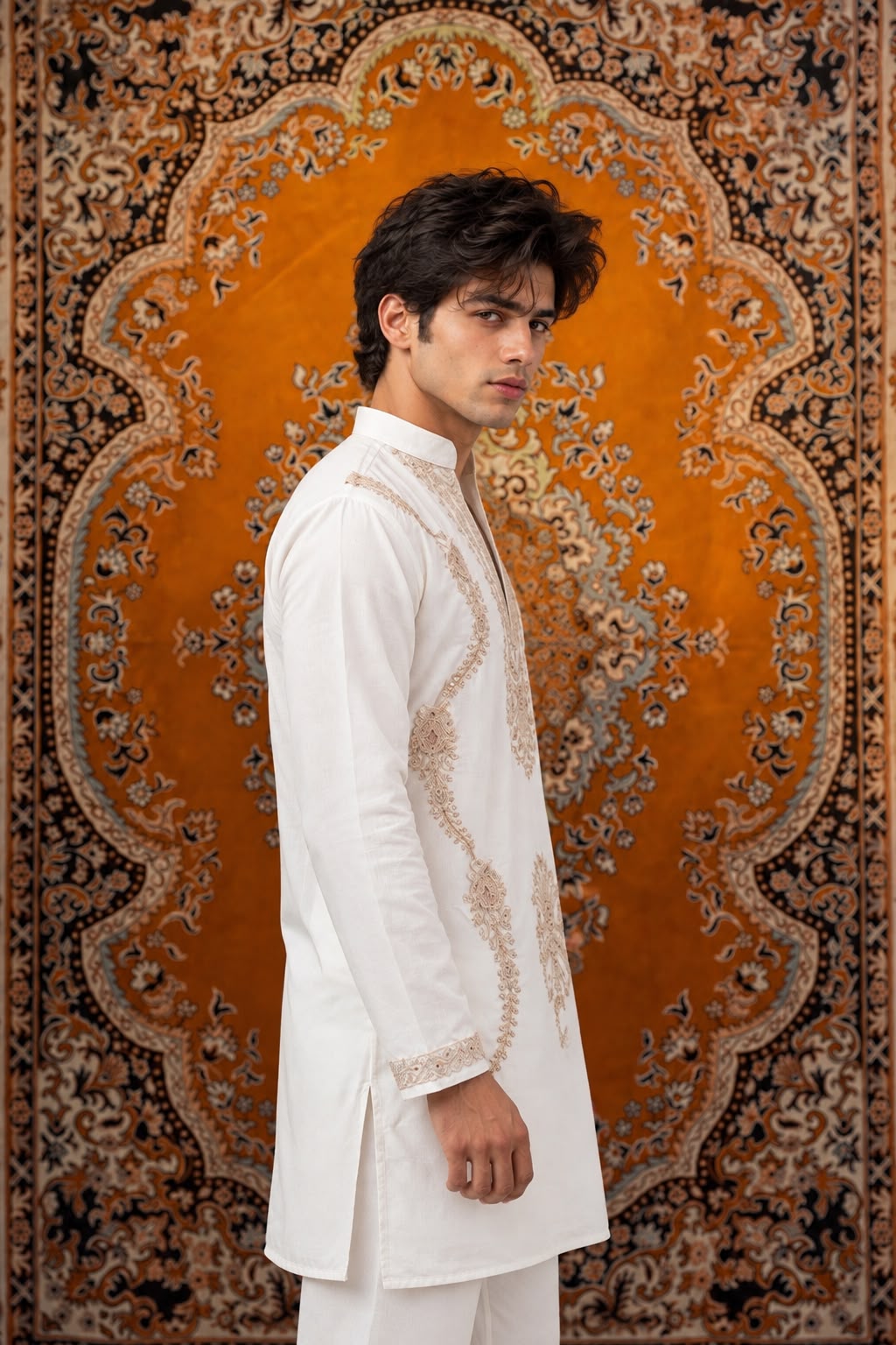 White Ornate Embroidered V-Neck Short Kurta