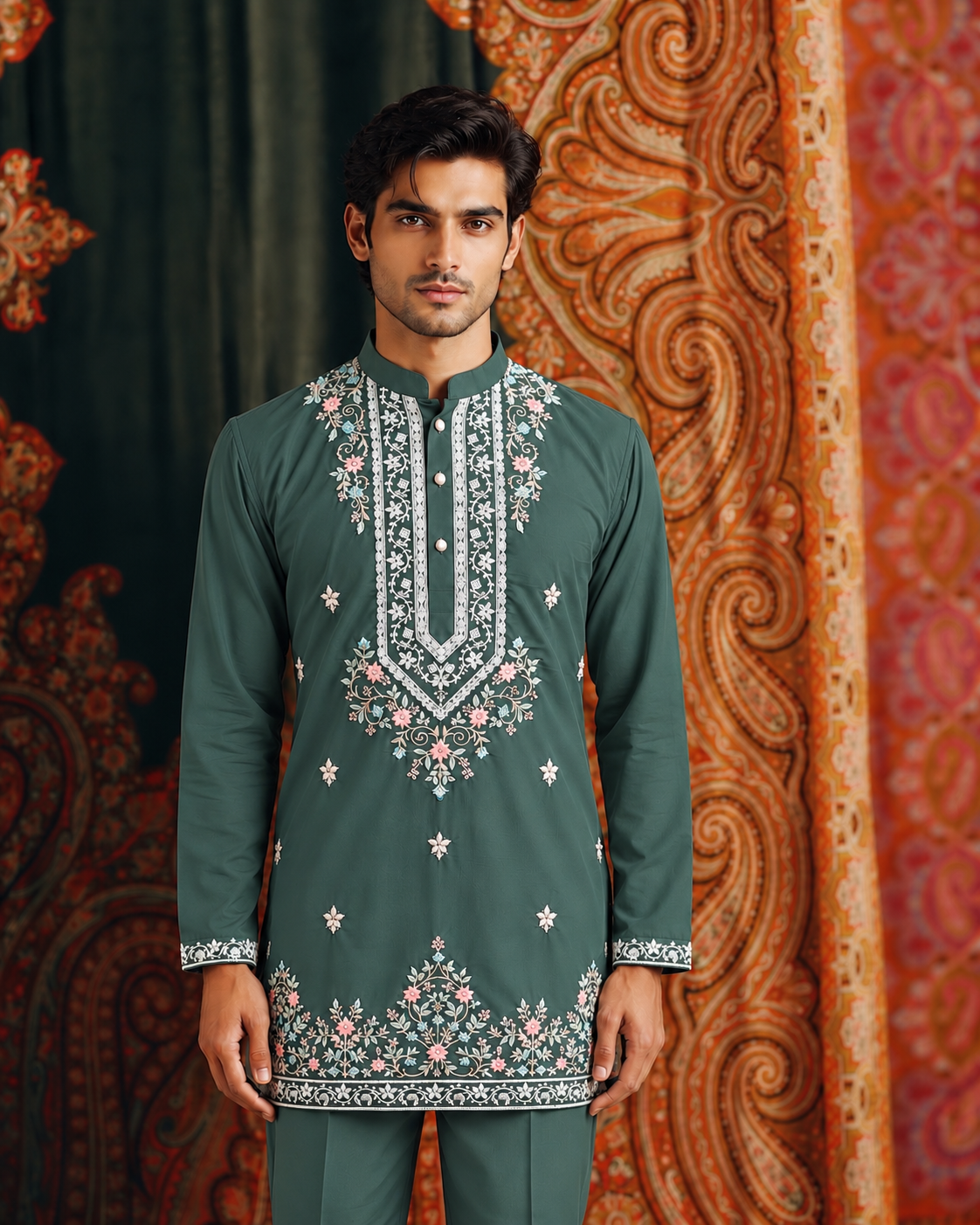 Green Signature Embroidered Short Kurta