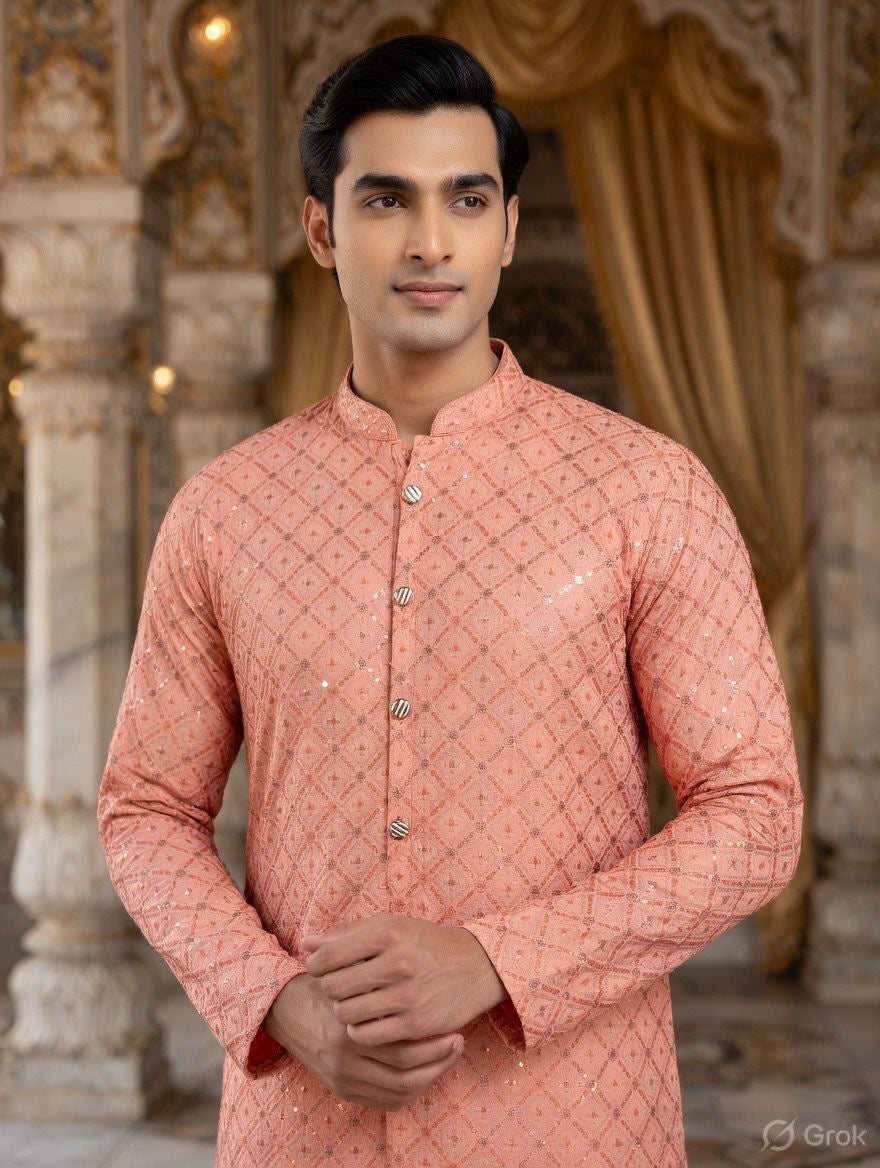 Peach Sequin Embroidered Festive Kurta for Men