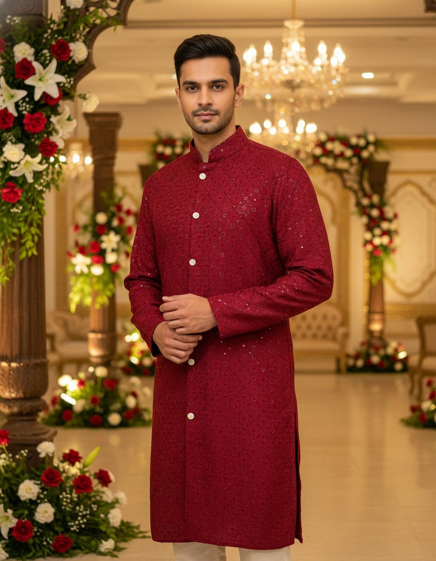Maroon Sequin Embroidered Festive Kurta for Men