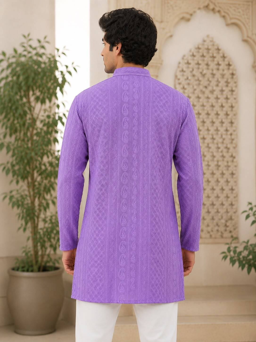 Lavender Chikankari Textured V-Neck Short Kurta