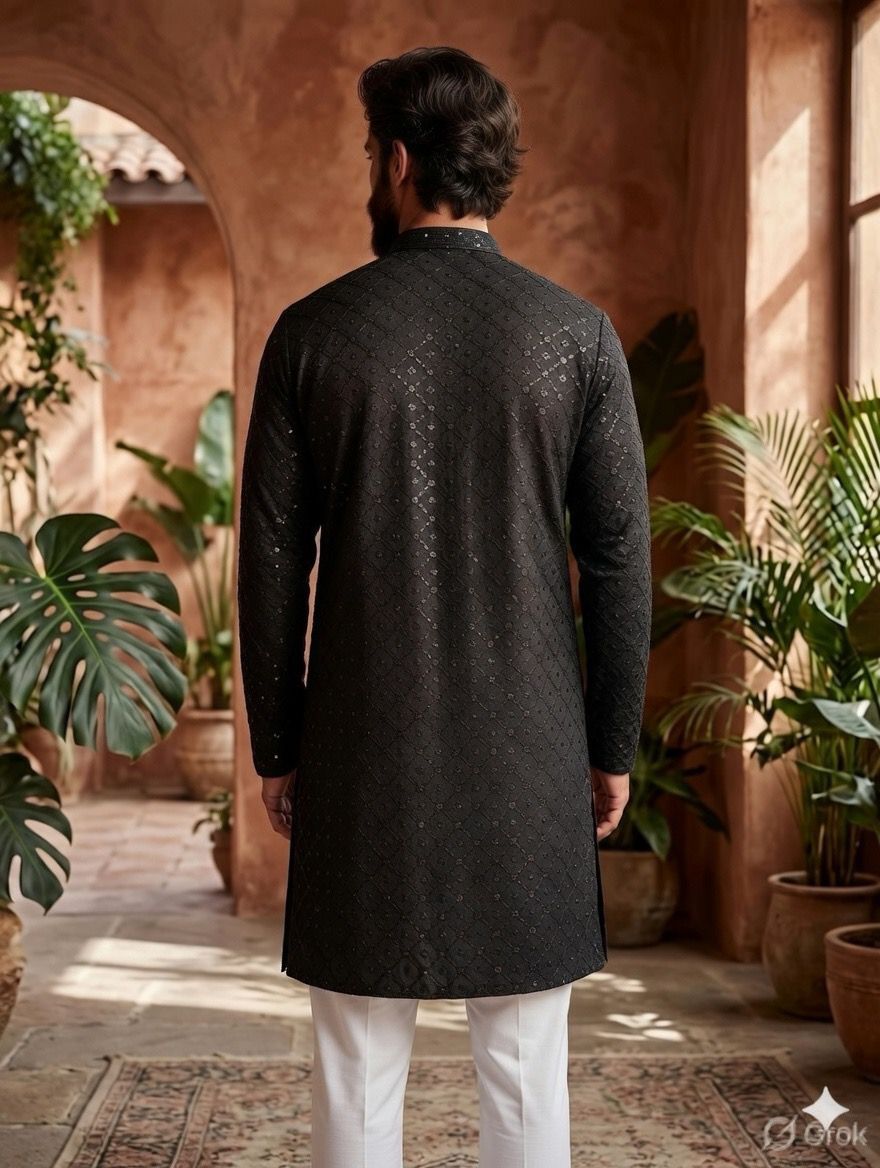 Royal Heritage Embroidered Black Short Kurta
