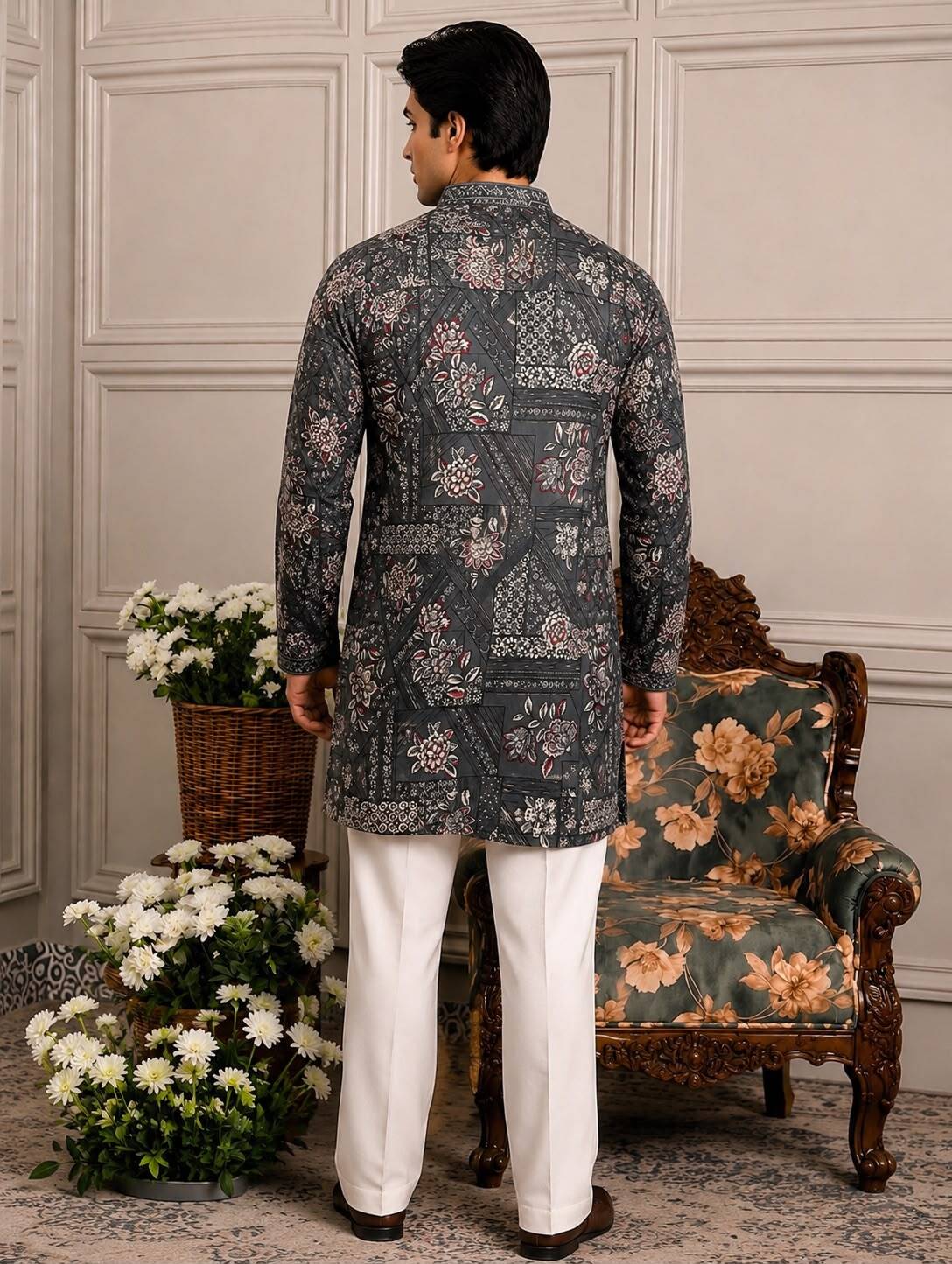 Green Patchwork Floral V-Neck Short Kurta
