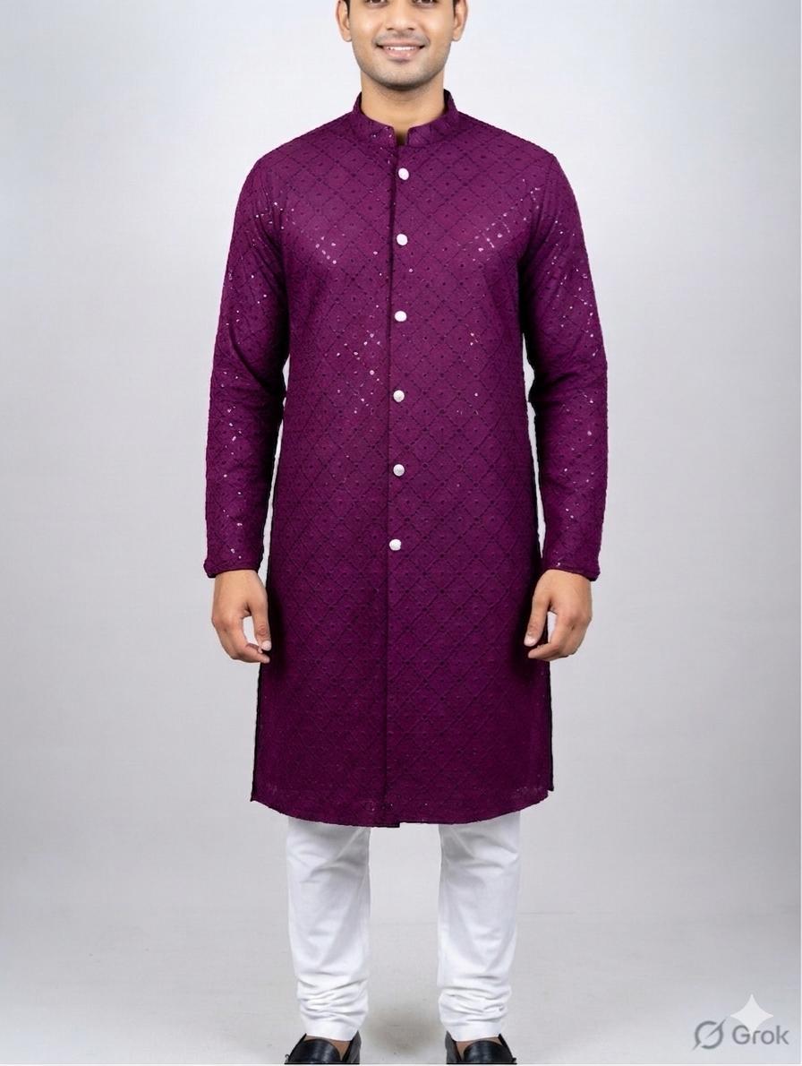 Wine Sequin Embroidered Festive Kurta for Men