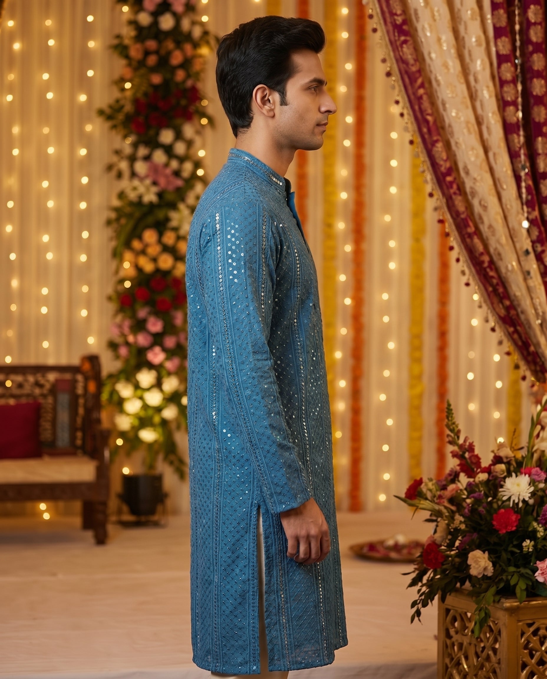 Men's Morpeach Sequined Chikankari Kurta with Metallic Accents