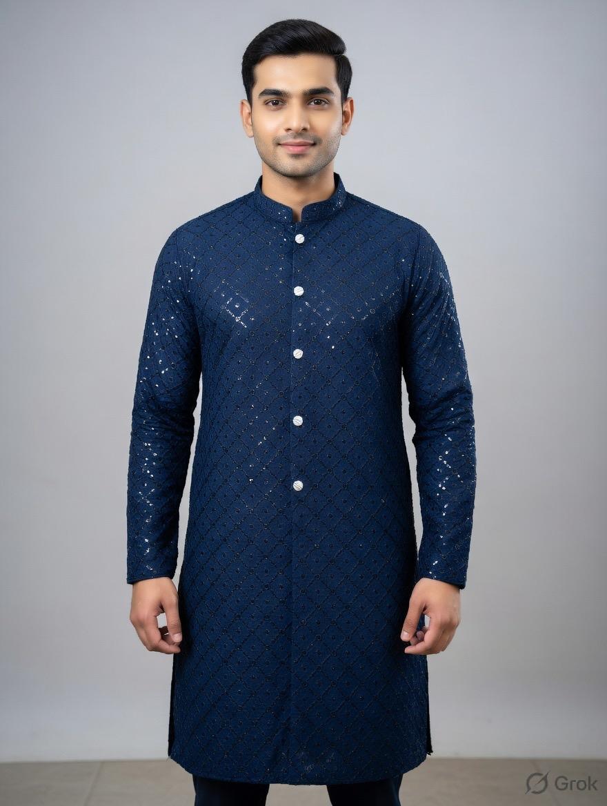 Navy Blue Sequin Embroidered Festive Kurta for Men