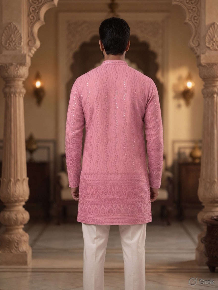 Royal Heritage Embroidered Pink Short Kurta