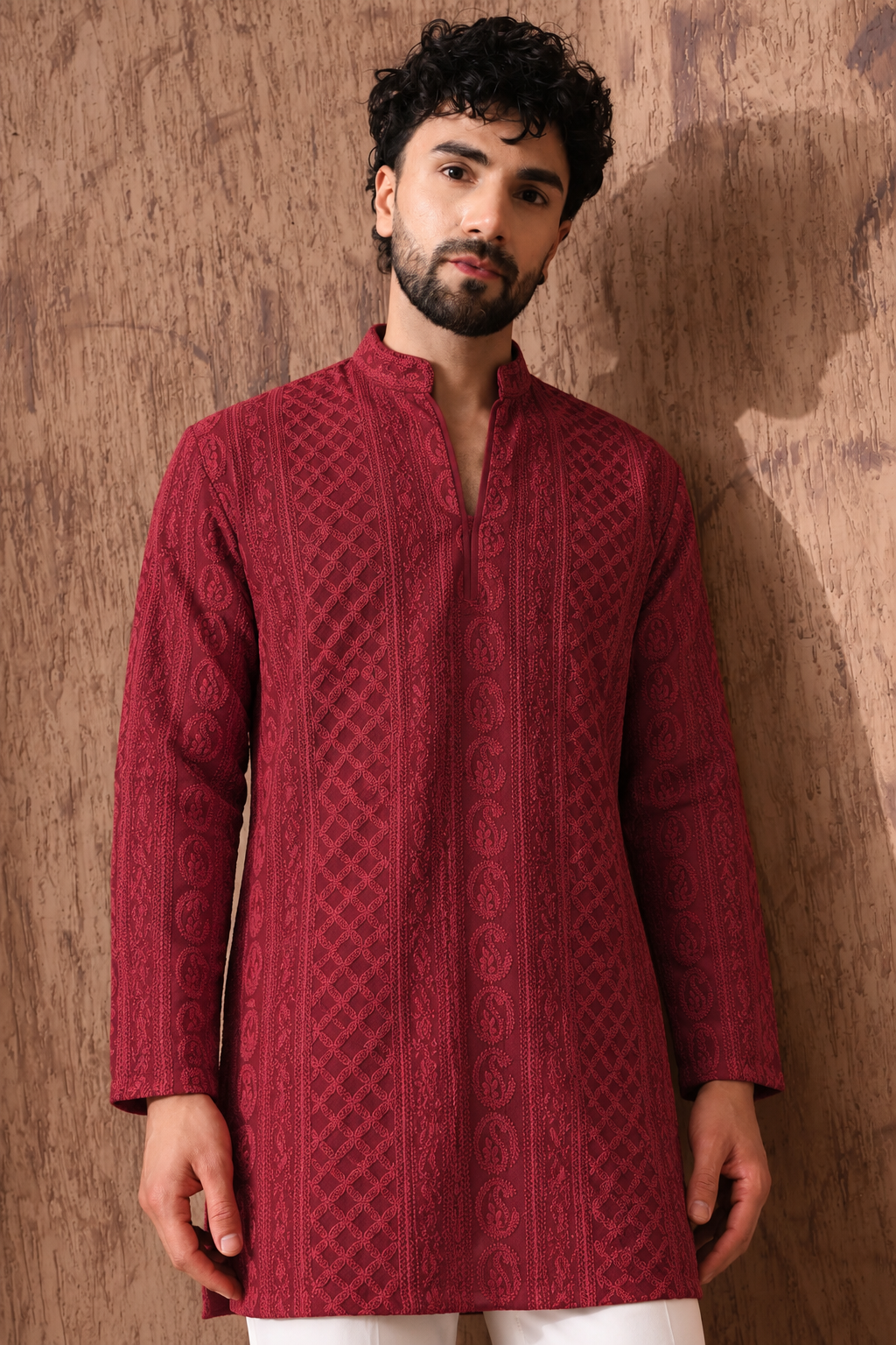 Maroon Chikankari Textured V-Neck Short Kurta