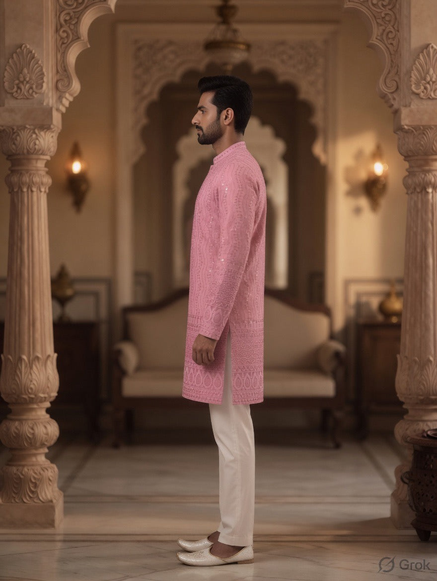 Royal Heritage Embroidered Pink Short Kurta