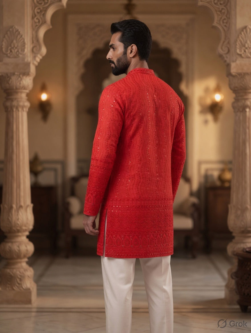 Royal Heritage Embroidered Red Short Kurta