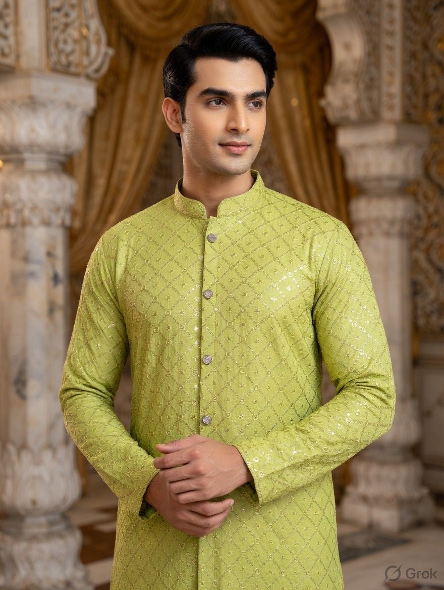Pista Sequin Embroidered Festive Kurta for Men