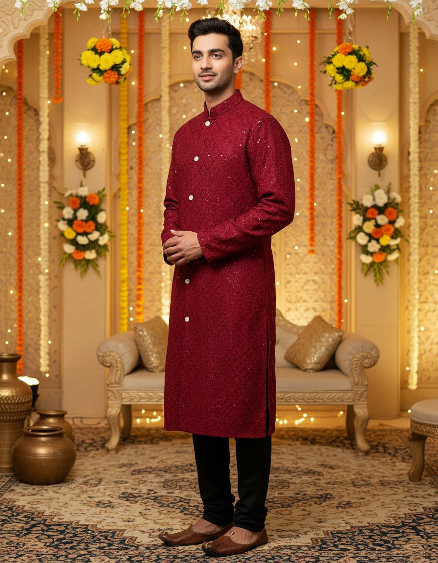 Maroon Sequin Embroidered Festive Kurta for Men
