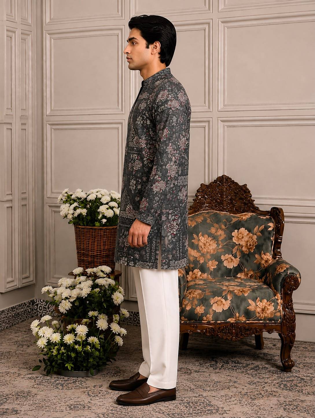 Green Patchwork Floral V-Neck Short Kurta