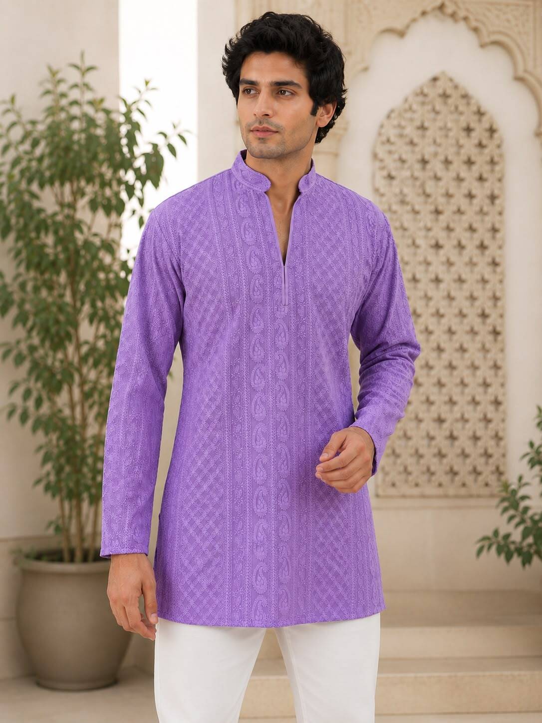 Lavender Chikankari Textured V-Neck Short Kurta