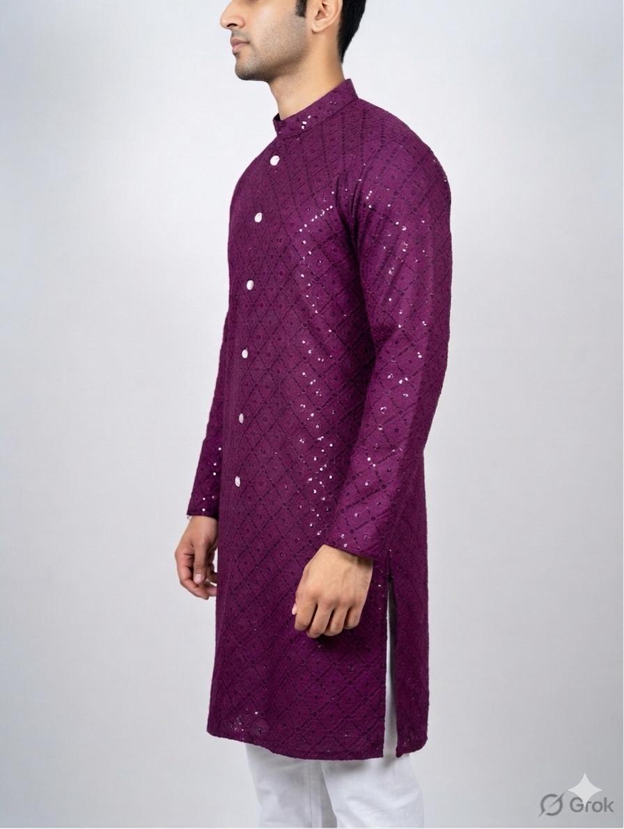 Wine Sequin Embroidered Festive Kurta for Men