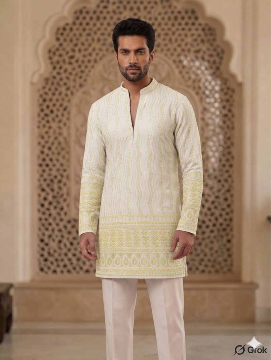 Royal Heritage Embroidered Lemon Short Kurta