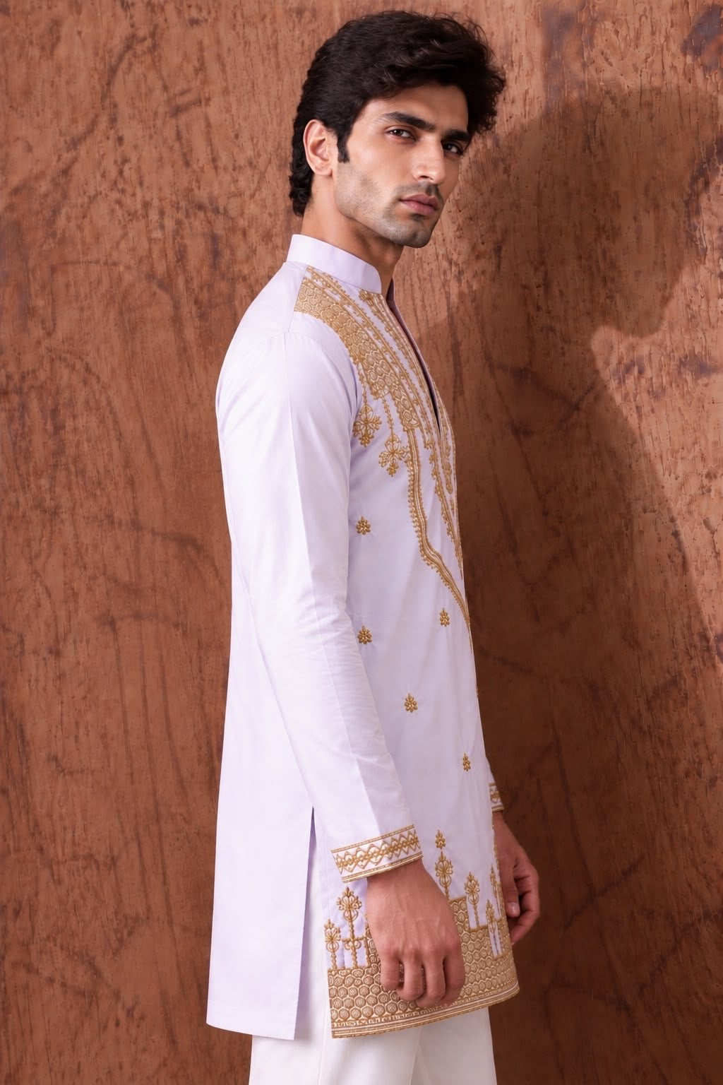 Lavender Heritage Embroidered V-Neck Short Kurta