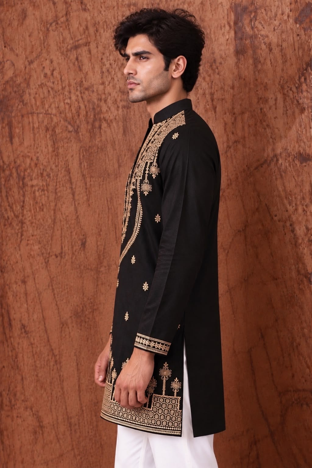 Black Heritage Embroidered V-Neck Short Kurta