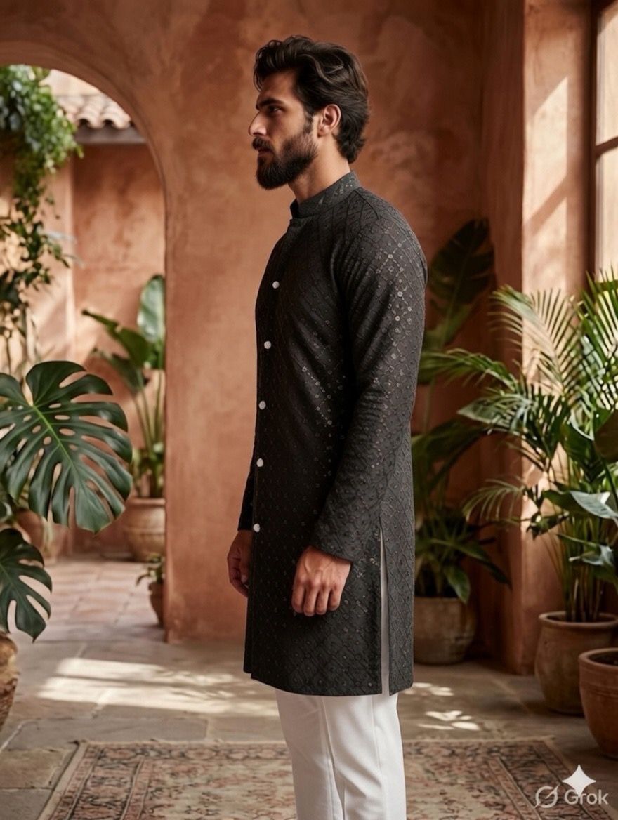 Royal Heritage Embroidered Black Short Kurta