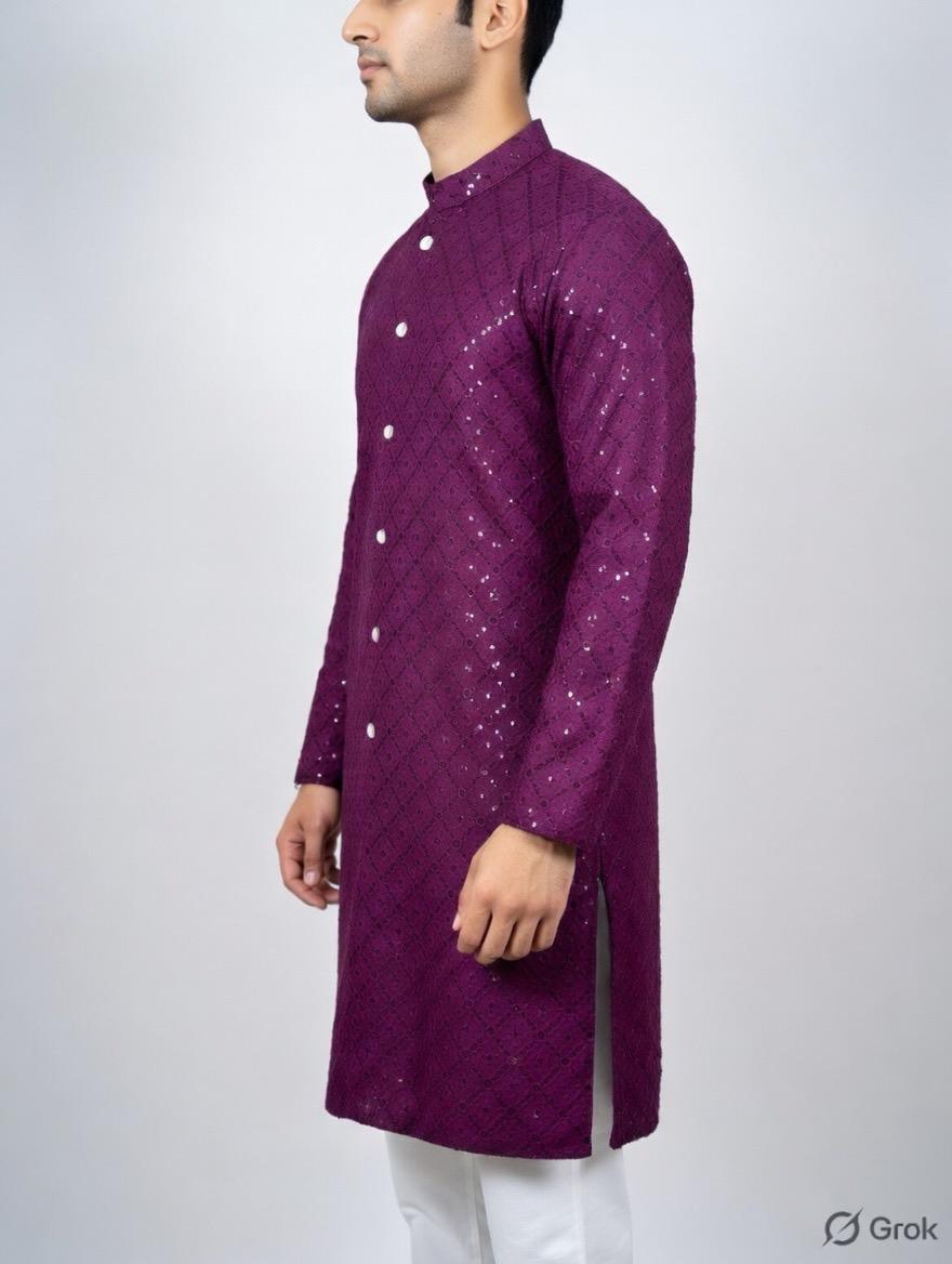 Wine Sequin Embroidered Festive Kurta for Men