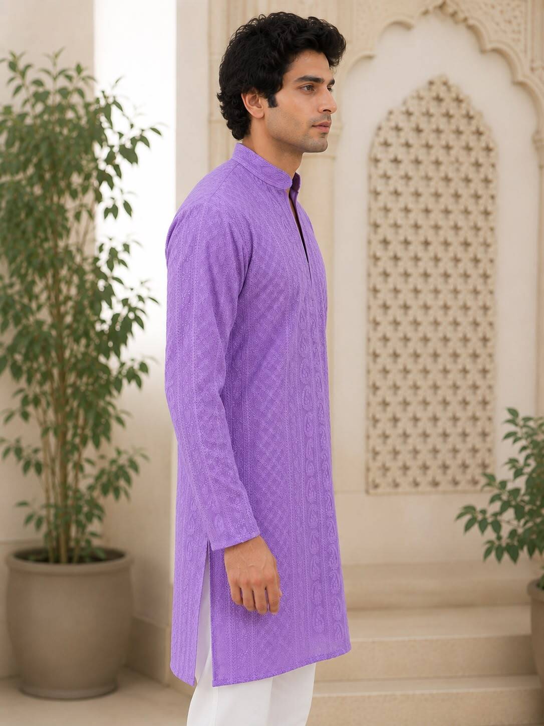 Lavender Chikankari Textured V-Neck Short Kurta