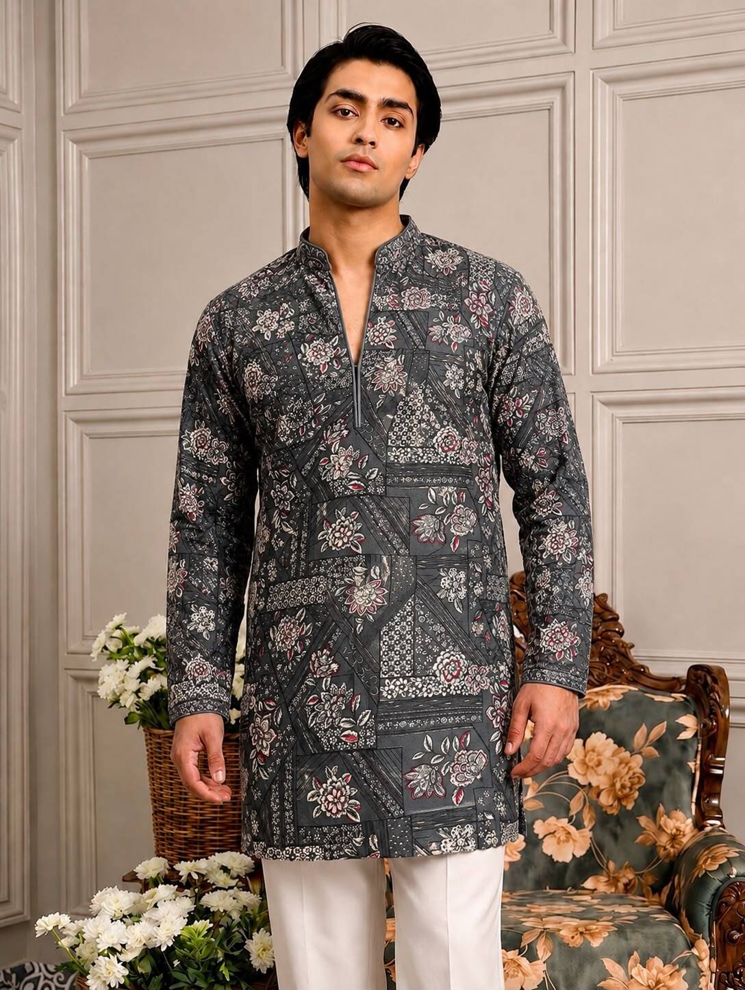 Green Patchwork Floral V-Neck Short Kurta