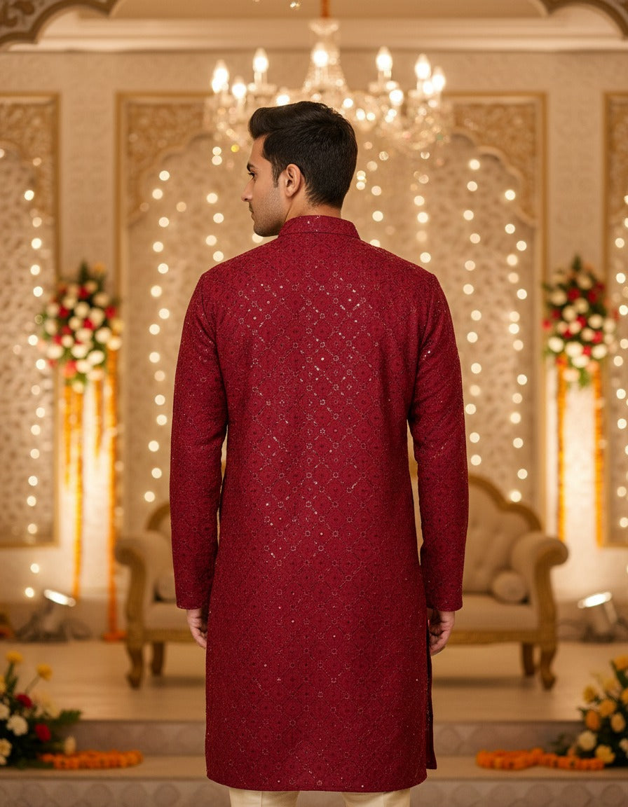 Maroon Sequin Embroidered Festive Kurta for Men