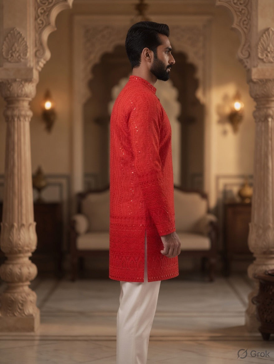 Royal Heritage Embroidered Red Short Kurta