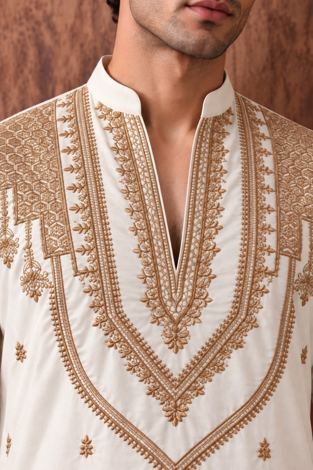 Off White Heritage Embroidered V-Neck Short Kurta