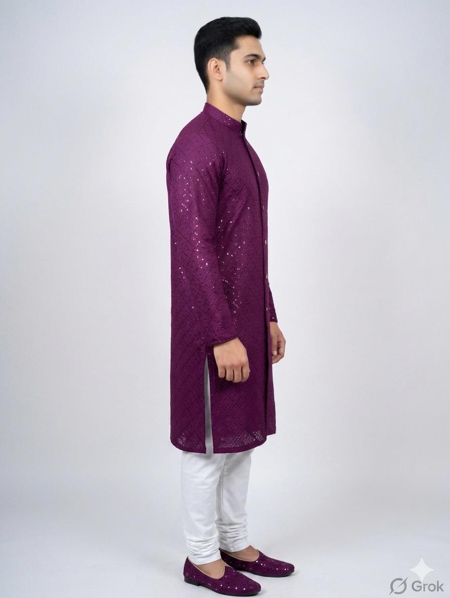 Wine Sequin Embroidered Festive Kurta for Men