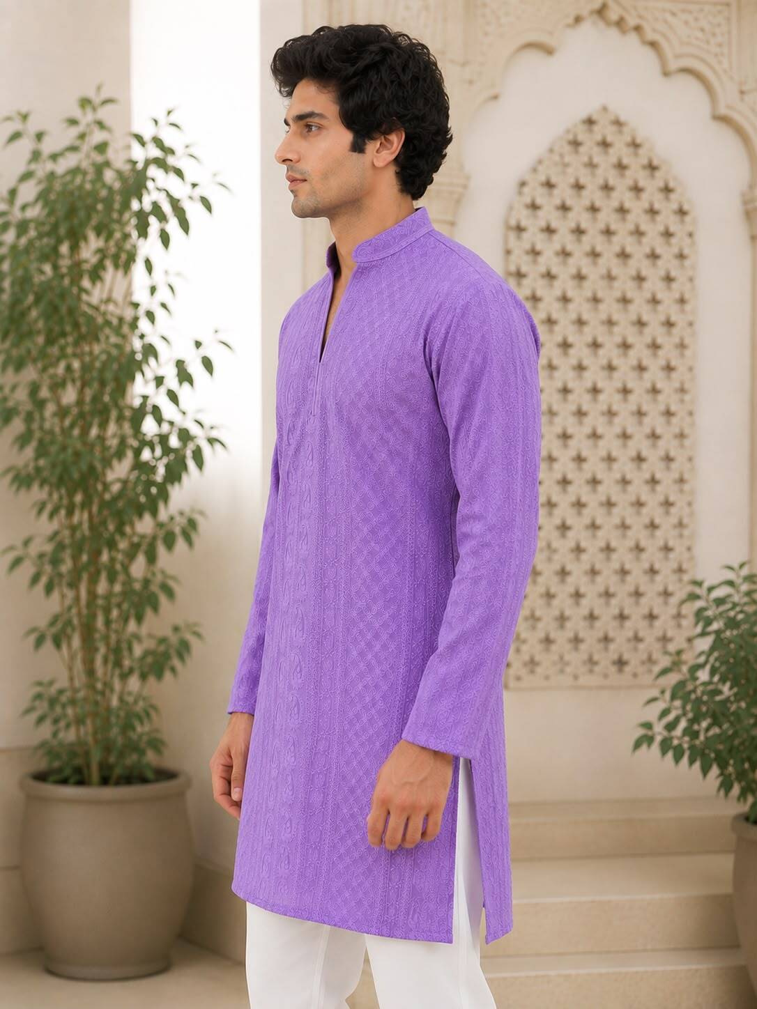 Lavender Chikankari Textured V-Neck Short Kurta