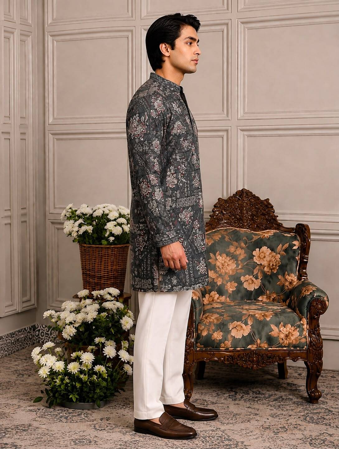 Green Patchwork Floral V-Neck Short Kurta