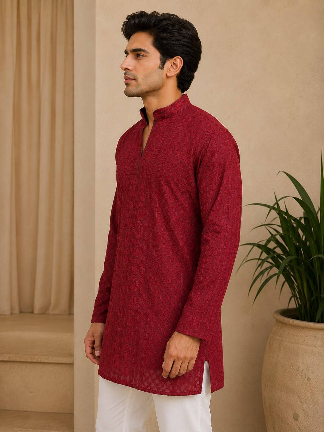 Maroon Chikankari Textured V-Neck Short Kurta