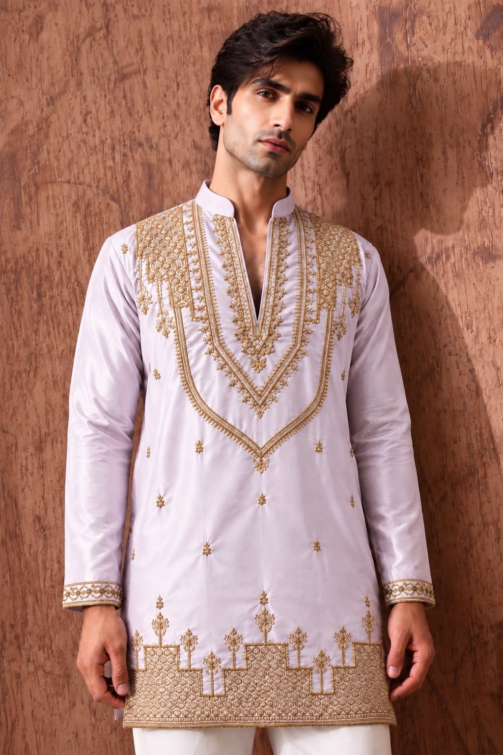 Lavender Heritage Embroidered V-Neck Short Kurta