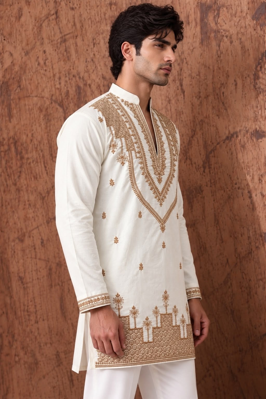 Off White Heritage Embroidered V-Neck Short Kurta
