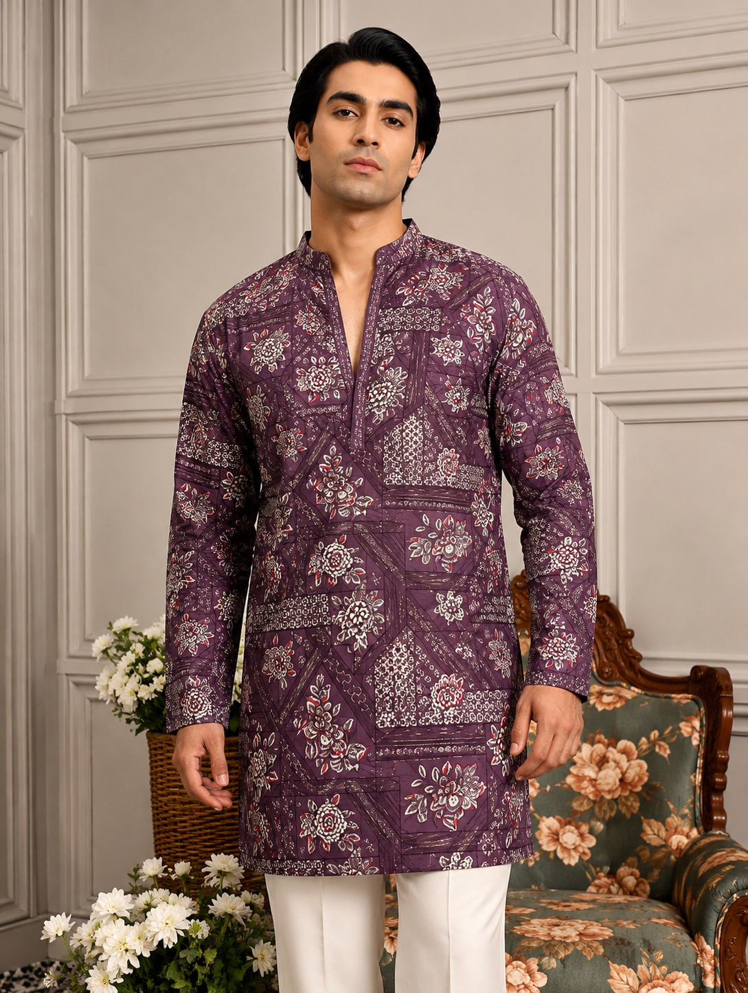 Wine Patchwork Floral V-Neck Short Kurta