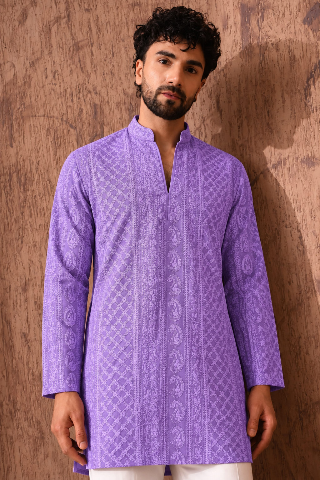 Lavender Chikankari Textured V-Neck Short Kurta