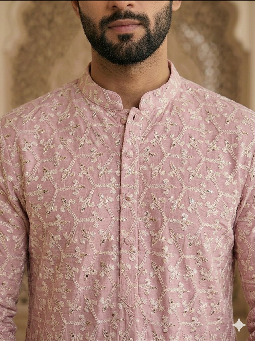 Men's Peach Geometric Chikankari Embroidered Kurta