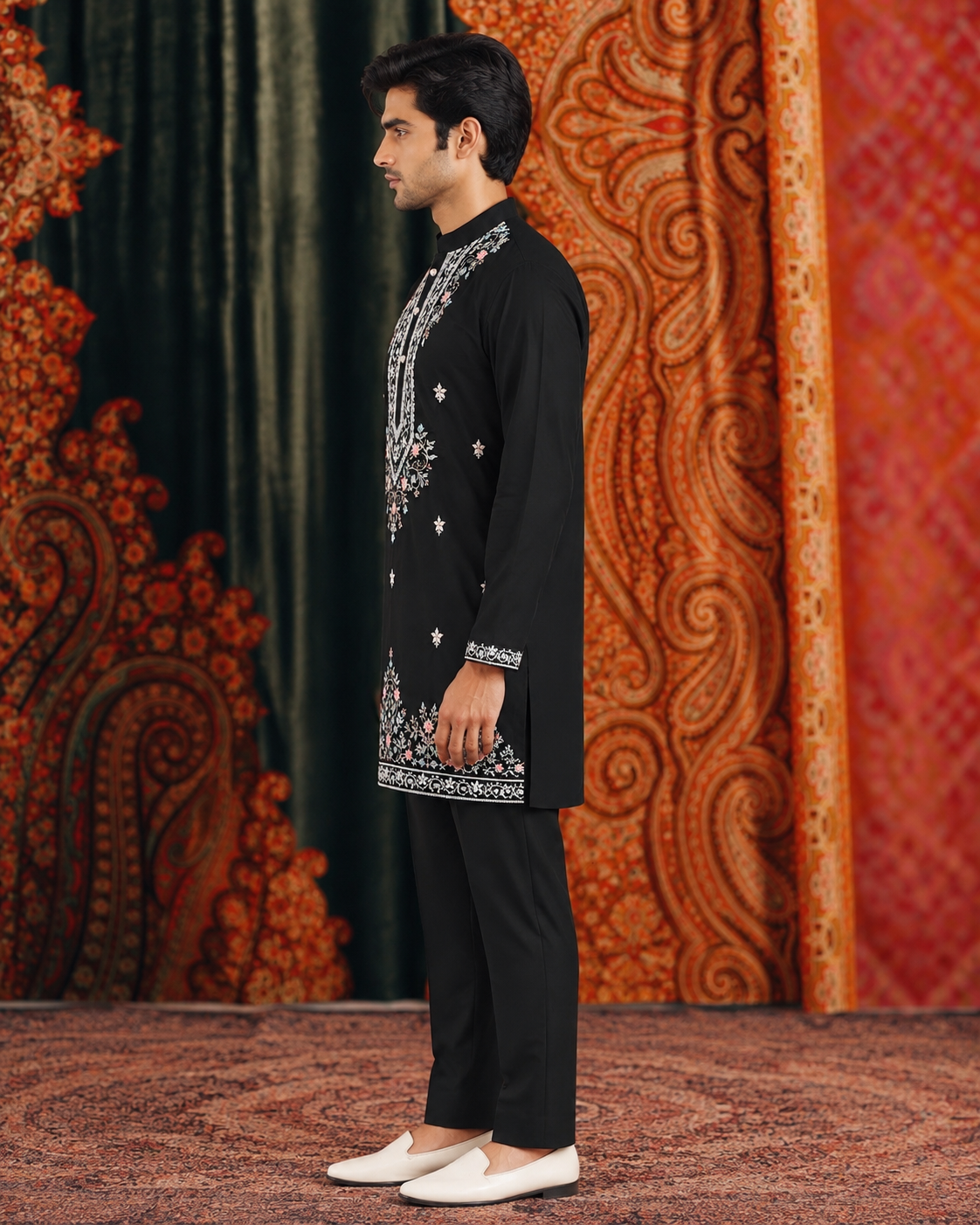 Black Signature Embroidered Short Kurta