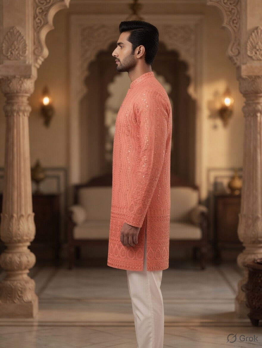 Royal Heritage Embroidered Peach Short Kurta