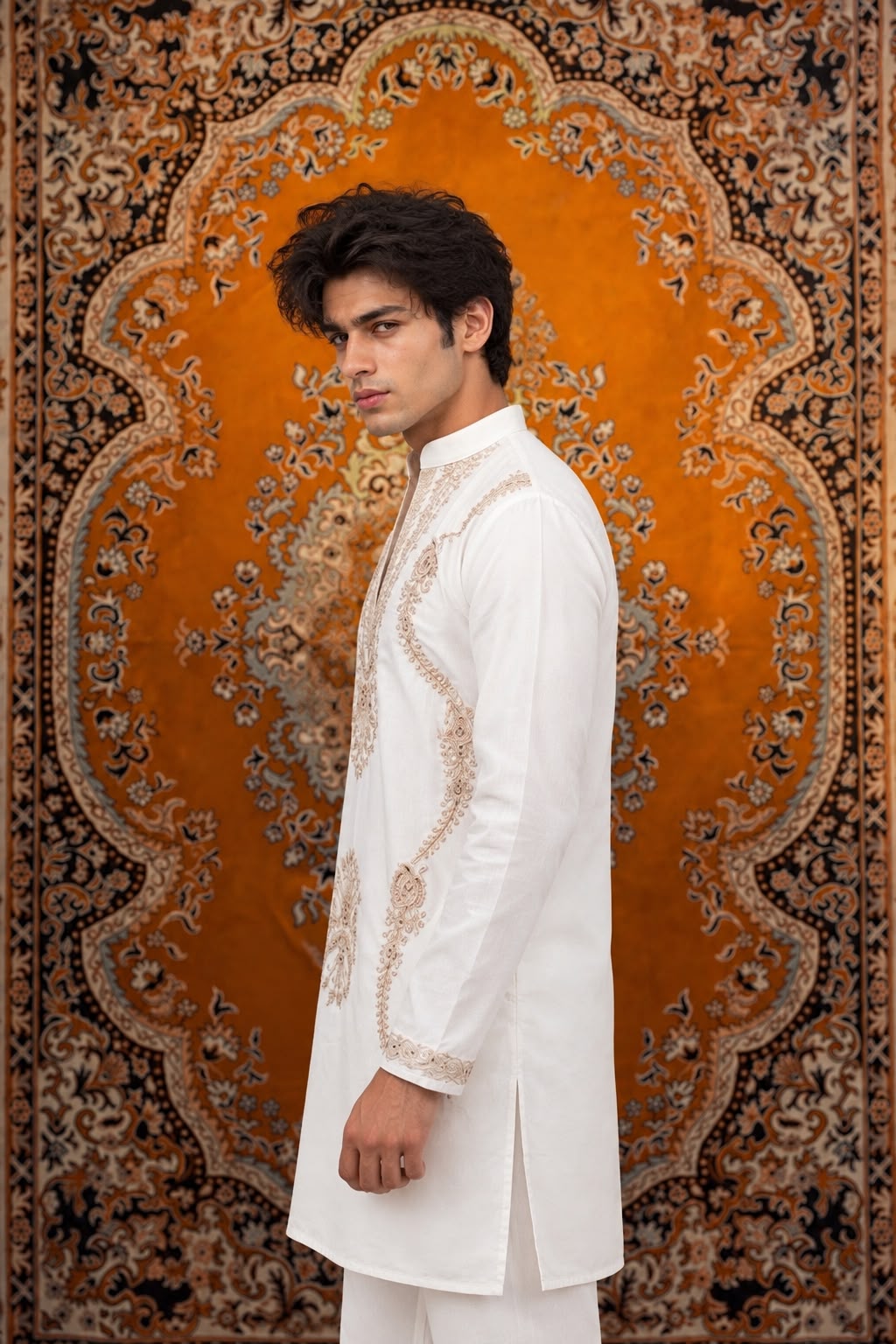 White Ornate Embroidered V-Neck Short Kurta