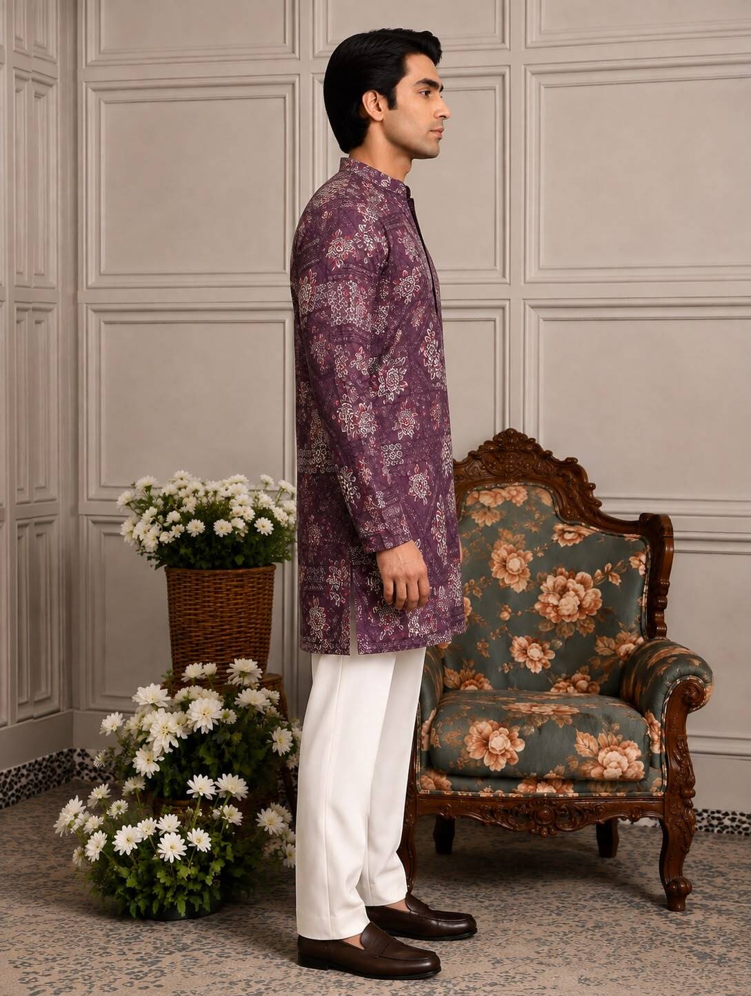 Wine Patchwork Floral V-Neck Short Kurta