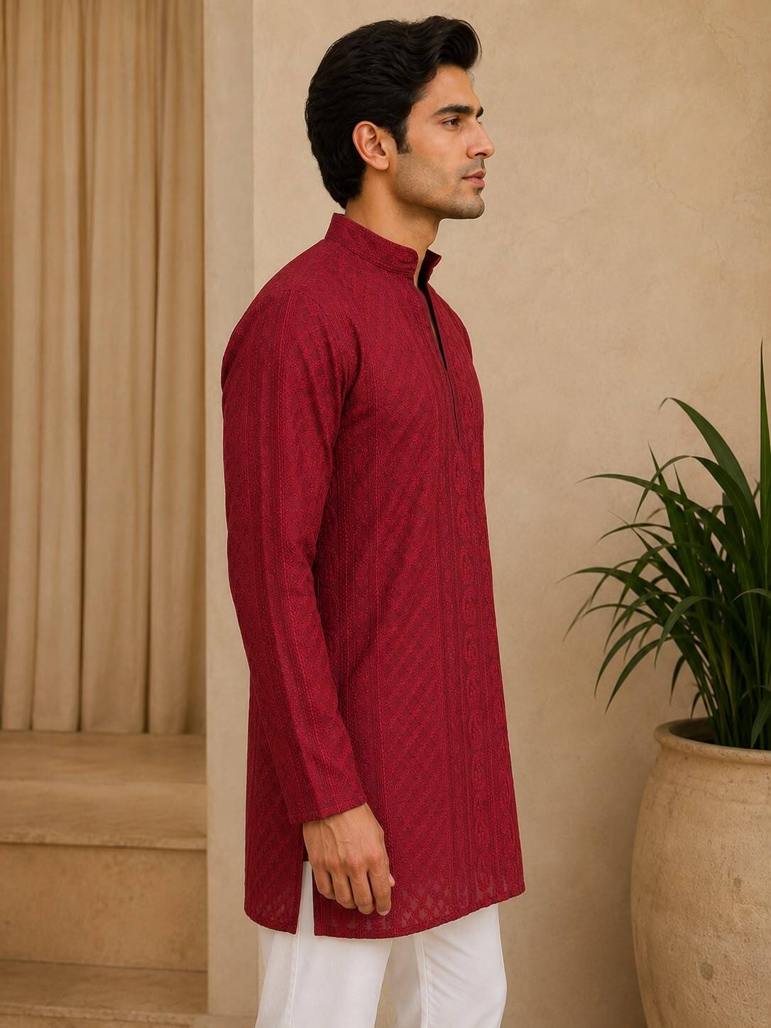 Maroon Chikankari Textured V-Neck Short Kurta