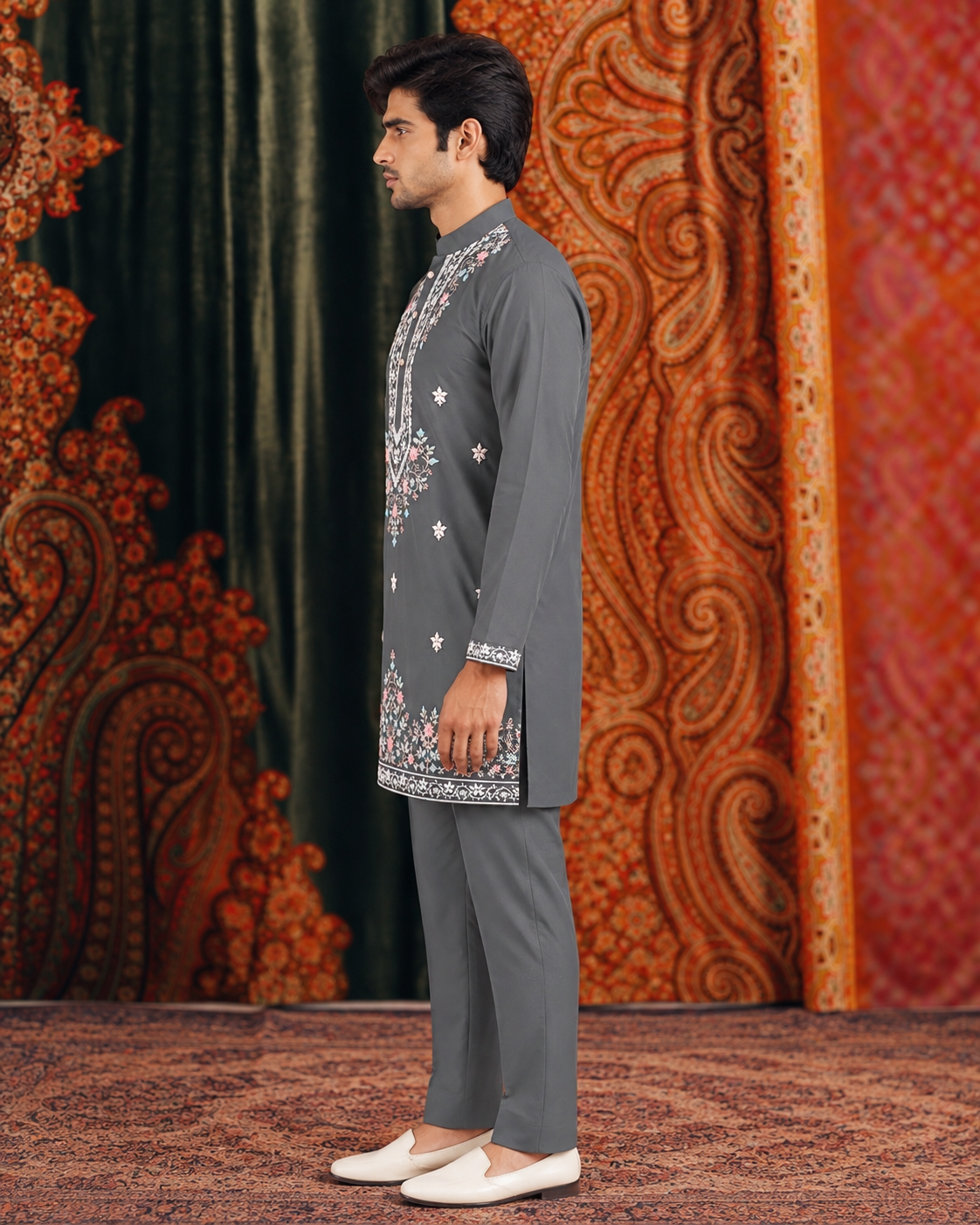 Gray Signature Embroidered Short Kurta